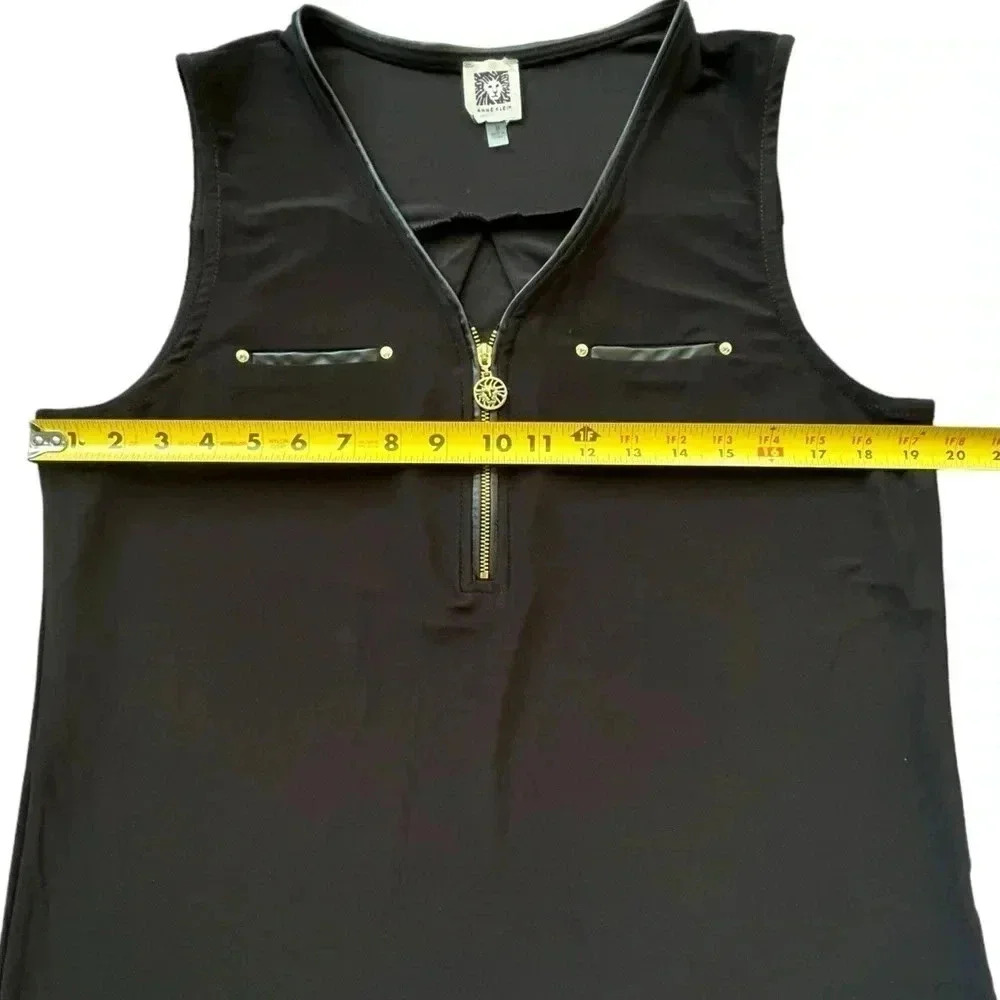 Anne Klein Black and Gold Half Zip V Neck Tank Top with Faux Leather Trim Medium - Picture 4 of 8